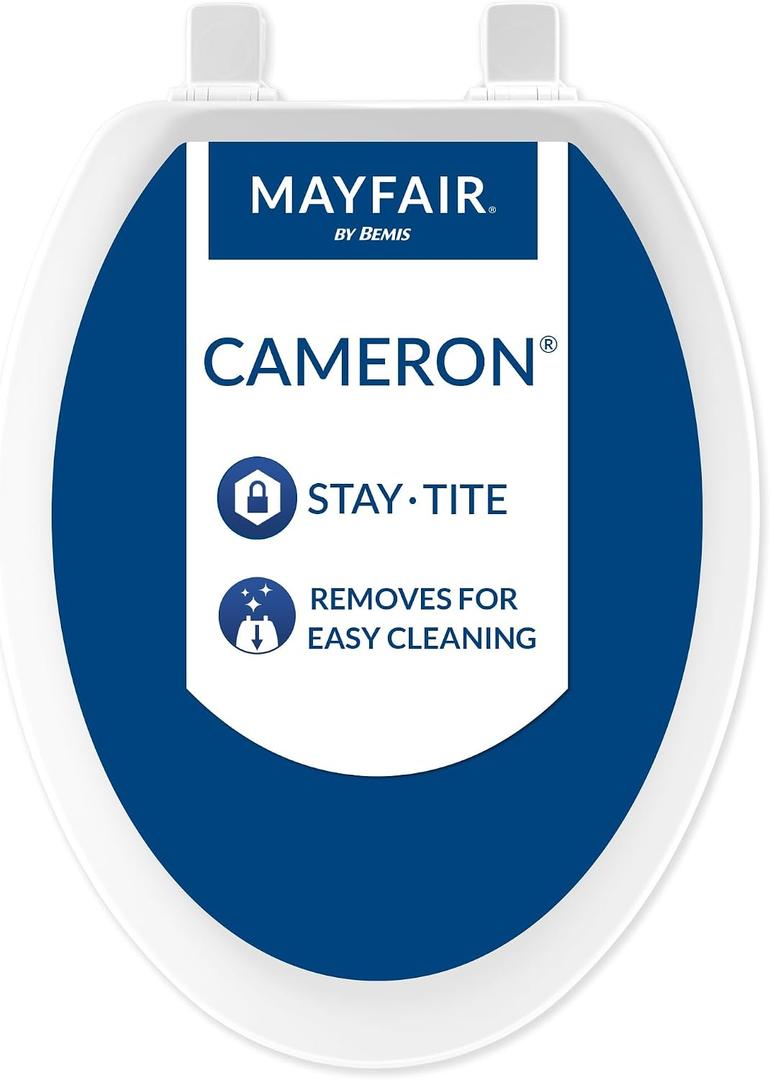 Mayfair Cameron White Toilet Seat, Non Slip Heavy Duty Wood, Easy Clean, Made in USA, Elongated