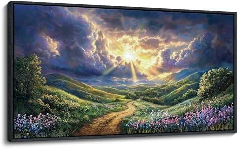 HKDGOKA Large Bedroom Wall Art, Purple Green Landscape Paintings Sun Clouds Mountains Flowers Canvas Pictures Framed Artwork for Living Room Office Kitchen Home Wall Decor 24x48 IN