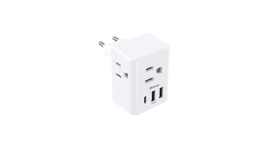 1 Pack European Travel Plug Adapter, Mifaso International Power Plug Adapter with 3 Outlets 3 USB Charging Ports(2 USB C), Type C Plug Adapter Europe Travel Essentials to Spain Italy France