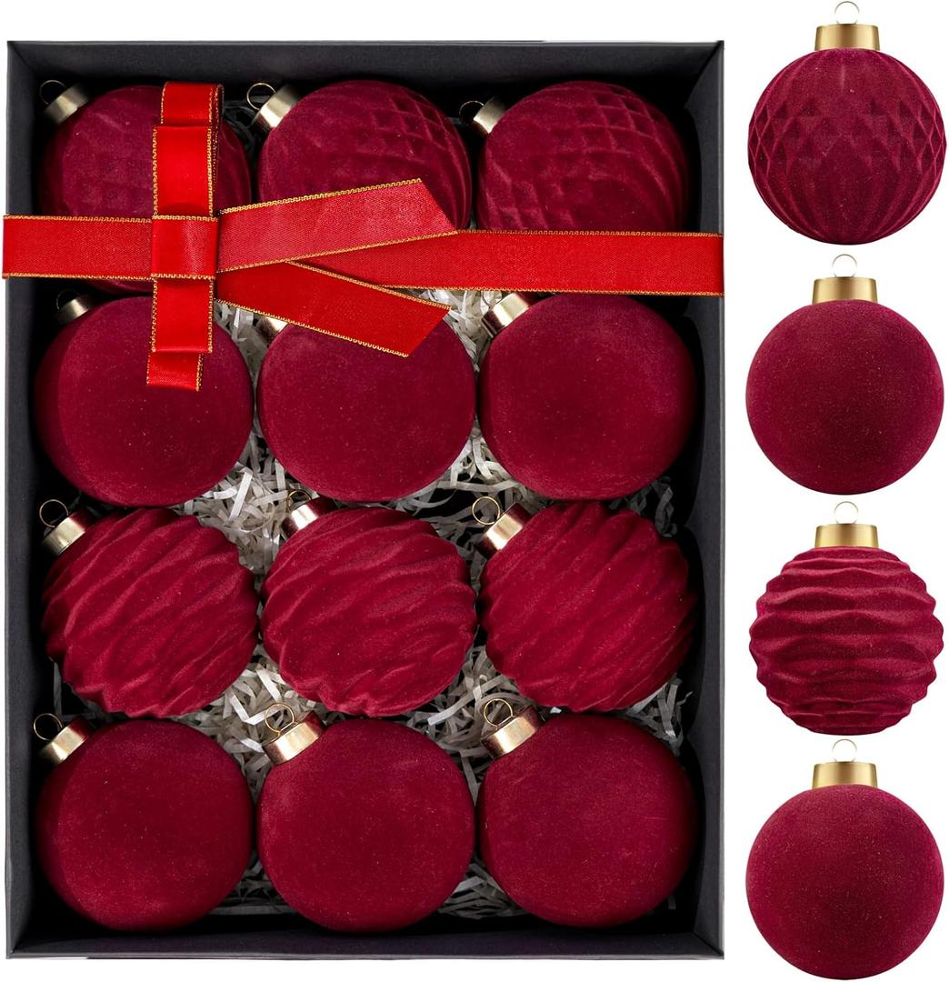 WDF 12PCS Velvet Christmas Tree Ornaments - Burgundy Christmas Ornaments 4 Styles - Red Christmas Ball - 80mm 3.15inch Shatterproof for Xmas Trees Decorations
