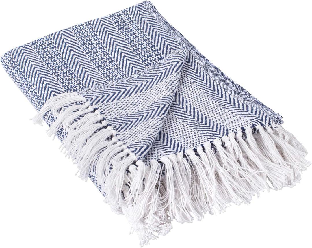 DII Herringbone Striped Collection Cotton Throw Blanket, 50x60, Nautical Blue