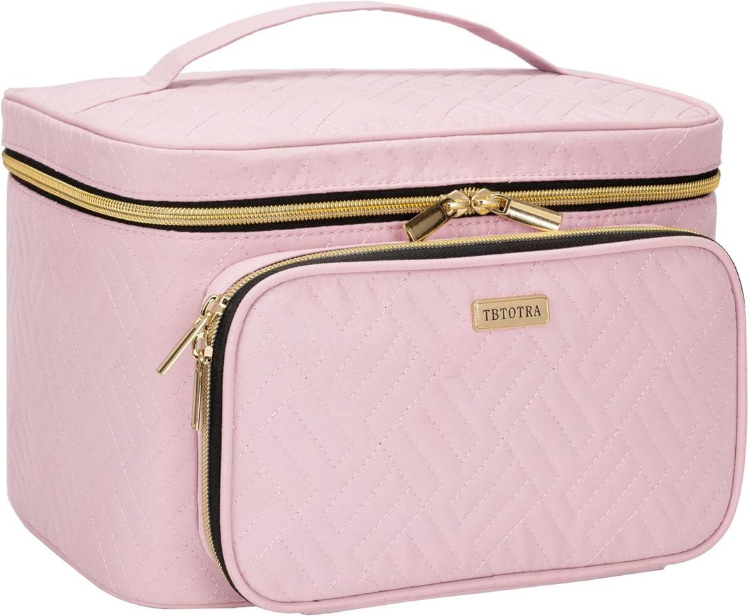 Travel Makeup Bag with Jewelry Organizer, Large Cosmetic Case, Waterproof Toiletry Bag for Cosmetics, Brushes, and Tools, Pink (Single-Layer)