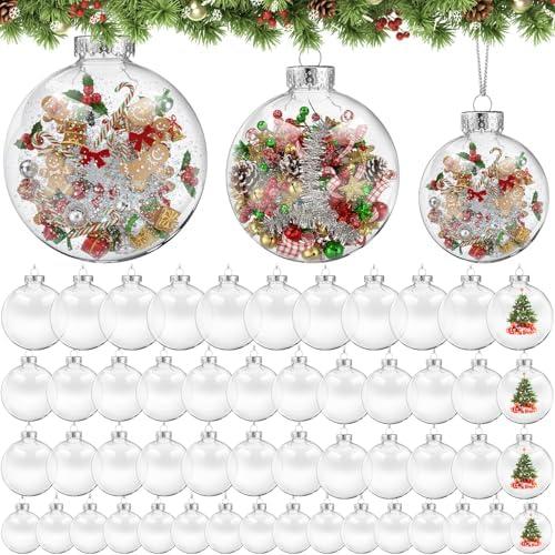 Wettarn 50 Pcs 4" 3.15" 2.36" Clear Plastic Flat Fillable Ornaments for Crafts Plastic Discs Christmas Hanging Ornaments Ball with Lid Rope for DIY Crafts Xmas Tree Home Decor Holiday Wedding Party