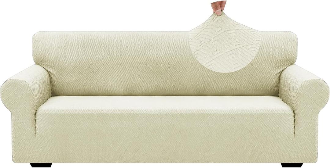 ZNSAYOTX 1 Piece Jacquard Couch Covers for 3 Cushion Couch Living Room High Stretch Sofa Cover Pets Dogs Friendly Anti Slip Thickened Slipcovers Furniture Protector (Large,New Pattern Light Beige)