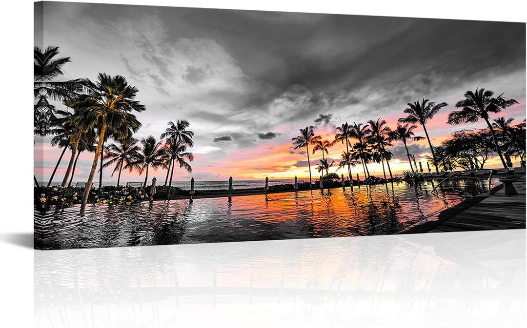 KREATIVE ARTS Black and White Canvas Print Hawaii Honolulu Oahu Pool Side Sunset And Palm Trees Picture Giclee Prints Wall Art Framed 20x48 for Living Room & Bedroom Decor