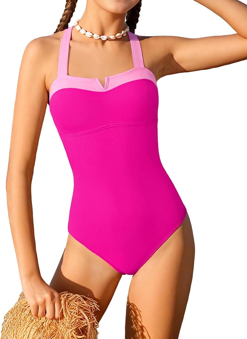 Shallmu Girls Swimsuit Bathing Suits for Girls Color Block Sweetheart Neckline Dual Crossback Straps Pink One Piece Swimsuit Girl with Cover Up Skirt Swimwear 9-10Y
