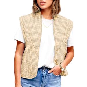 VAOYIU Womens Cropped Puffer Vest Lightweight Sleeveless Plaid Printed Cotton Quilted Vest Outwear (XL)