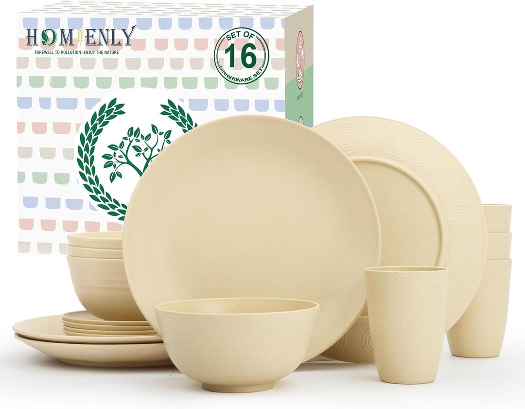 Homienly Premium Wheat Straw Dinnerware Sets, Lightweight & Unbreakable Plates and Bowls Sets,Cups,Service for 4,Dishwasher and Microwave Safe 16 PCS Dish Sets for HomeCamping- Beige