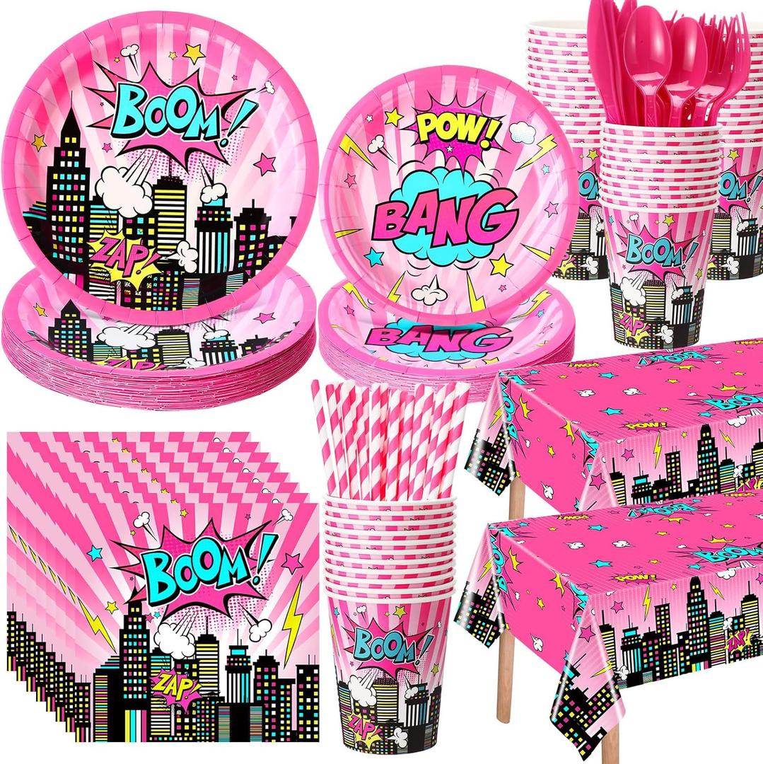 219 Pcs Pink Hero Birthday Party Decorations Girl Pink Comic Hero Plates Napkins Cups Tablecloth Cutlery Straw Disposable Tableware Set for Birthday Baby Shower Party Supplies, Serves 24