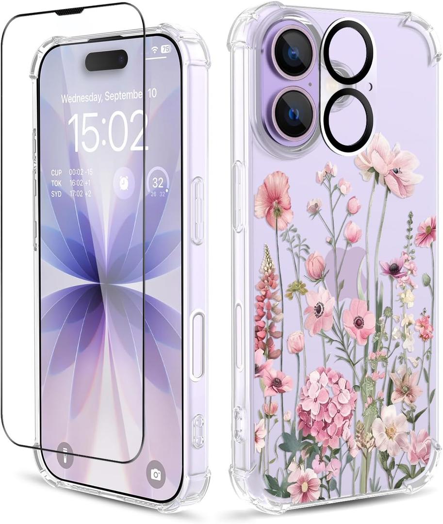 for iPhone 17 Case,[3 in 1] with Screen Protector & Camera Lens Protector, Flower Pattern Design,Clear Soft Shockproof Slim Floral Phone Cover for Women Girls 2025 6.3" (Mallow/Pink)