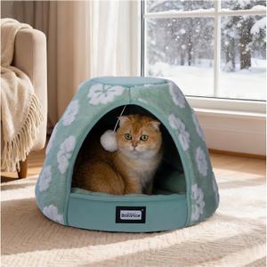 BALANCE Cat Beds for Indoor Cats, 2-in-1 Cat Bed Cave with Anti-Slip Bottom and Ultra-Soft Plush, Cozy Cats House Tent for Kittens and Small Dogs, 19 Inches, Green