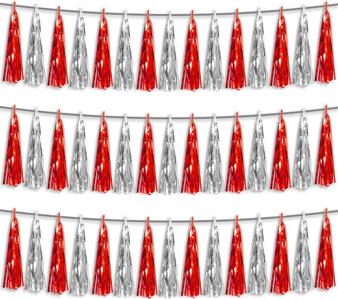 3P Red Silver Foil Fringe Metallic Tassel Streamers Banner Tassel Garland for Parade Floats, Bachelorette, Wedding, Birthday, Halloween, Christmas, Bridal/Baby Shower Party Decorations