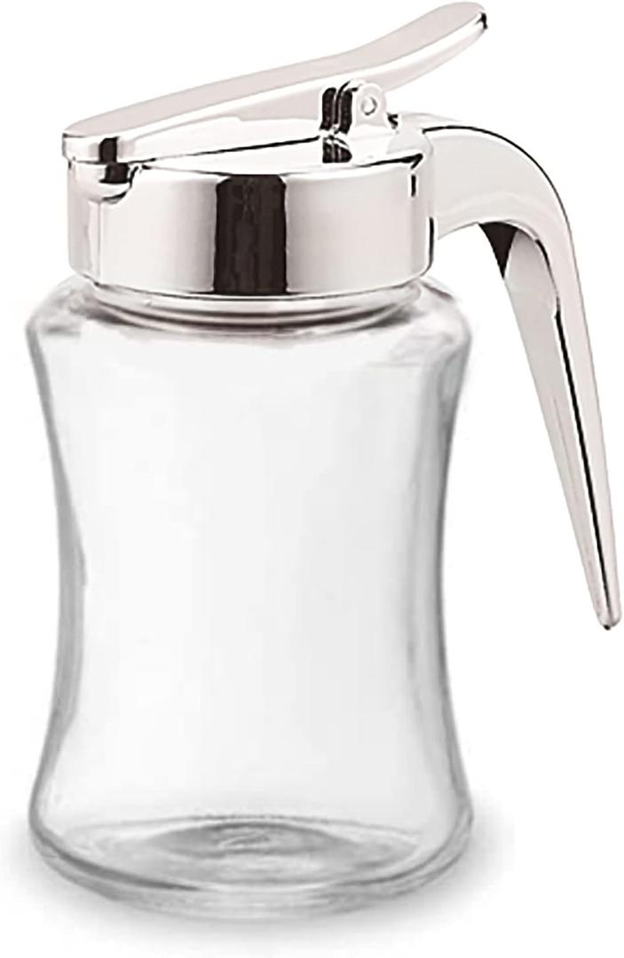 J&M Design Glass Syrup Dispenser Bottle for Maple Syrup, Honey Pot or Sugar Jar W/Handle Shaker For Pancakes, Coffee, Cereal Bowl, Tea Pour Spout Lid Easy Spoon Measure 7.5oz Container Holder