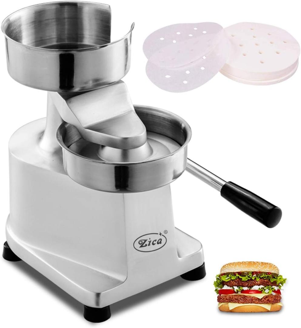 ZICA Commercial Hamburger Patty Maker 150mm/6inch Stainless Steel Burger Press Heavy Duty Hamburger Press Meat Patty Maker Hamburger Forming Processor with 500 Pcs Patty Papers