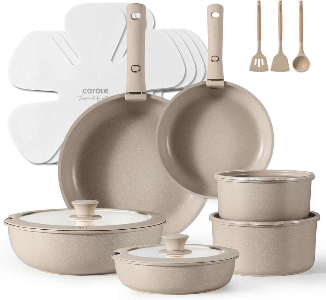 CAROTE Pots and Pans Set, Nonstick Cookware Set Detachable Handle, 11pcs Kitchen Cookware Sets Non Stick with Removable Handle, Induction RV Cookware Set, Oven Safe, Almond