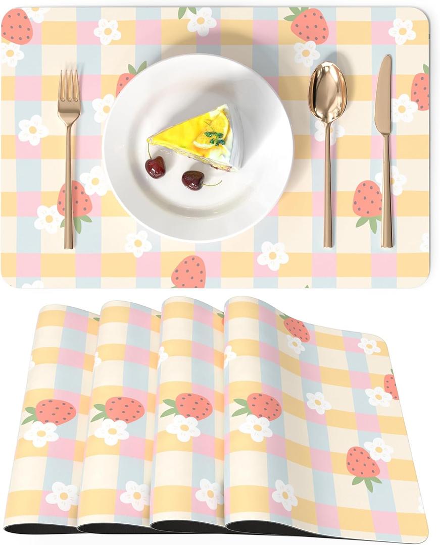 LilyCat Faux Leather Placemats Set of 4, Waterproof Oil-Proof Dining Table Mats for Kitchen, Indoor & Outdoor Heat Resistant Wipeable PU Place Mats, 18 12, Strawberries and Small Flowers