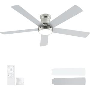 POCHFAN 60 Inch Brushed Nickel Ceiling Fans with Lights and Remote, LED Low Profile Flush Mount Ceiling Fan for Bedroom, Living Room, Quiet DC Motor, Dimmable 6 Speeds