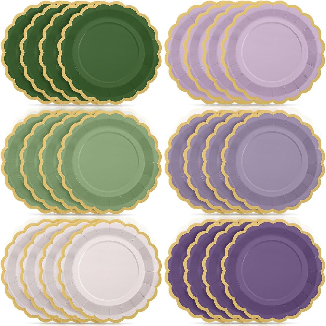 96 Pcs Sage Green Purple Paper Plates 9 Inch Lavender Scalloped Paper Disposable Dinner Dessert Plates for Birthday Wedding Bridal Party Supplies, 6 Colors