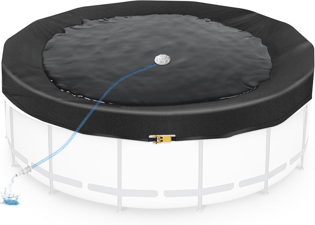 18FT Round Pool Cover for Above Ground Pools, Thickened 420D Pool Covers with Automatic Drain, Winter Pool Cover with Ratchet Buckle, Tear Resistant & Quick Installation