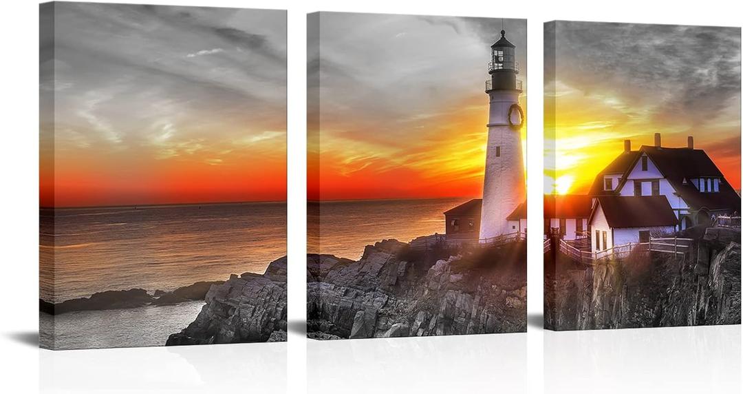 Nachic Wall Lighthouse Picture Canvas Prints Ocean Beach at Sunset Wall Art Beautiful Maine Coastline Landscape Painting Poster for Home Decor Framed Ready to Hang (Small)