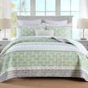 Quilts Queen Size, Cotton Comforter Set, Sage Green Bedding Queen Size, Farmhouse Striped Bedspreads, Lightweight All Seasons 3 Piece (Queen (90"x98"), 01-2 Sage Green/White /Grey)