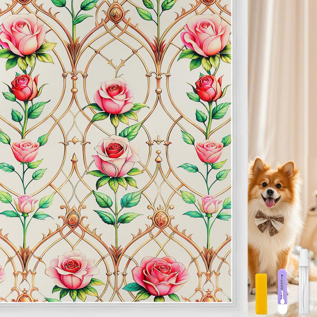 Countewol Frosted Static Cling Window Film, Stained Glass Privacy Film with Rose Pattern, Anti-Glare UV Protection, Removable Decorative Window Clings for Home/Bathroom (Frosted Rose, 23.6 x78.7 in)
