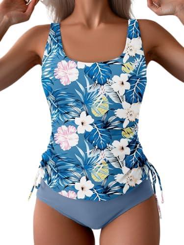 B2prity Tummy Control Tankini Swimsuit for Women Ruched Two Piece Bathing Suit Drawstring Swimwear with Bottom size L