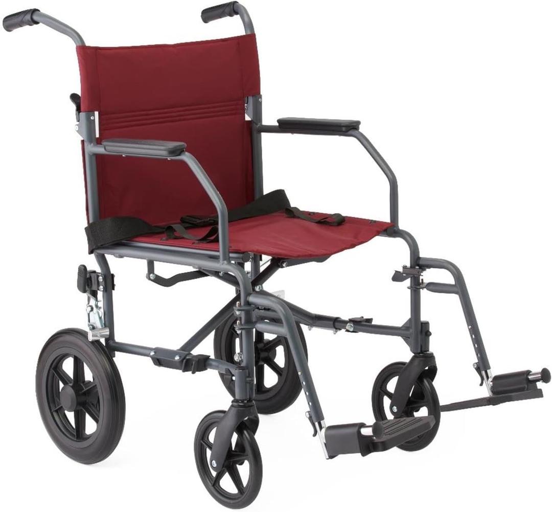 Medline Basic Steel Transport Chair - Full-Length Arms, Swing-Away Footrests, 12" Wheels - Gray/Burgundy - Durable & Convenient Mobility Aid