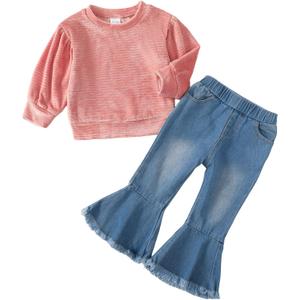 Mioglrie Toddler Baby Girl Clothes 2T 3T 4T 12 18 24 Months Toddler Fall Winter Girls Outfit Jeans Pants Clothing Set (Pink)