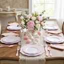 COLOSUS 150pcs Disposable Pink and White Stripped Plastic Plates and Silverware set, Light Pink Dinner/Dessert Plates silverware serve 30guests for Easter Day, Wedding Party and Daily use.