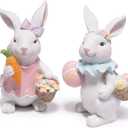 Hodao Easter Bunny Figurines Set, Spring Rabbit Decor with Easter Eggs Basket, Floral Wreath Bunny Statues, Tabletop Home Decoration for Living Room, Entryway