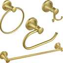 BESy Brushed Gold 4 Piece Bathroom Accessories Set (Single Towel Bar, Towel Ring, Toilet Paper Holder, Double Towel Hooks), Wall Mounted Bath Hardware Accessory Fixtures Set