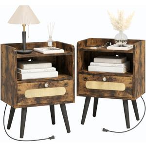 Nightstands/Beside Table Set of 2 with Charging Station, End Table with Diamond Handle and Rattan-Style Drawer, Rustic Brown