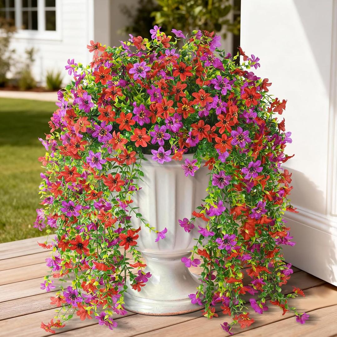 ZFProcess Artificial Hanging Flowers for Outdoors, 2 Pcs Fake Hanging Plant Spring Summer Decor, UV Resistant No Fade Realistic Faux Flower for Front Door Porch Planter Patio Garden Yard(Red Purple)