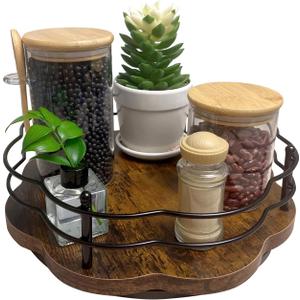 Lazy Susan Turntable Organizer with Higher Metal Sides, 12" Wooden Lazy Susan Spice Rack Organization and Storage for Cabinet,Kitchen,Countertop,Table Top,Dining Table,Coffee Bar Decor