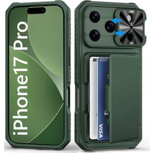 BXYJY for iPhone 17 Pro Wallet Case, Credit Card Holder (4-5 Cards), Slide Lens Cover, Military Drop Protection, Rugged Heavy Duty Women Men Protective Phone Case for iPhone 17Pro 6.3", Green