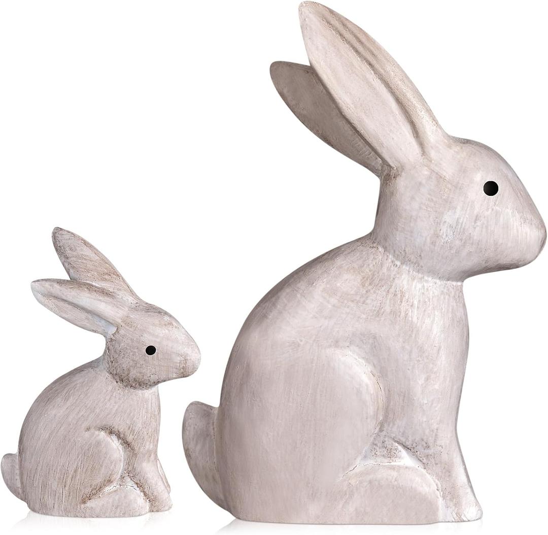 2 Pcs Easter Bunny Decor Wooden Bunny Figurines Vintage Rabbit Statue Home Decor Rustic Spring Table Decorations for Easter Farmhouse Shelf Tabletop Craft Gift(Vintage White)