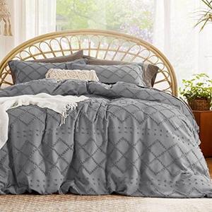 Bedsure Boho Duvet Cover Queen Size - Boho Bedding, Tufted Queen Duvet Cover for All Seasons, 3 Pieces Embroidery Shabby Chic Home Bedding,Comforter Not Included (Grey, 90" x 90") (Queen (90" x 90"), 12 - Grey (No Comforter))