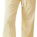 Women's Striped Wide Leg Linen Pants, Elastic Waist Drawstring with Pockets, Casual Lounge PJ Beach Pants for Summer, L
