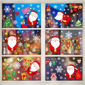 286 PCS 10 Sheet Double-Sided Christmas Window Clings, Christmas Snowflake Window Clings Stickers for Glass, Xmas Holiday Santa Claus Snowflake Decals for Party