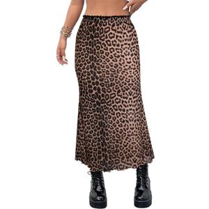 Avanova Women Leopard Cheetah Mesh Long Skirts High Waisted Mermaid Bodycon Midi Skirt Khaki Leopard Small