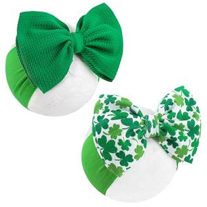 ONENINEDREAM HAIRBAND, St.Patrick's Day Hair Accessories for Infant Baby Girls, Green Headbands with Bows, Shamrock Print, Nylon Hairbands, 2 Count