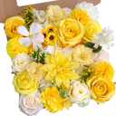 SWNAWE Yellow Flowers Artificial Roses Combo Set Fake Pink Silk Flowers Faux Peony Flowers Mix Dahlia with Stems for Wedding Bouquets Baby Bridal Shower Party Floral Arrangements Decor