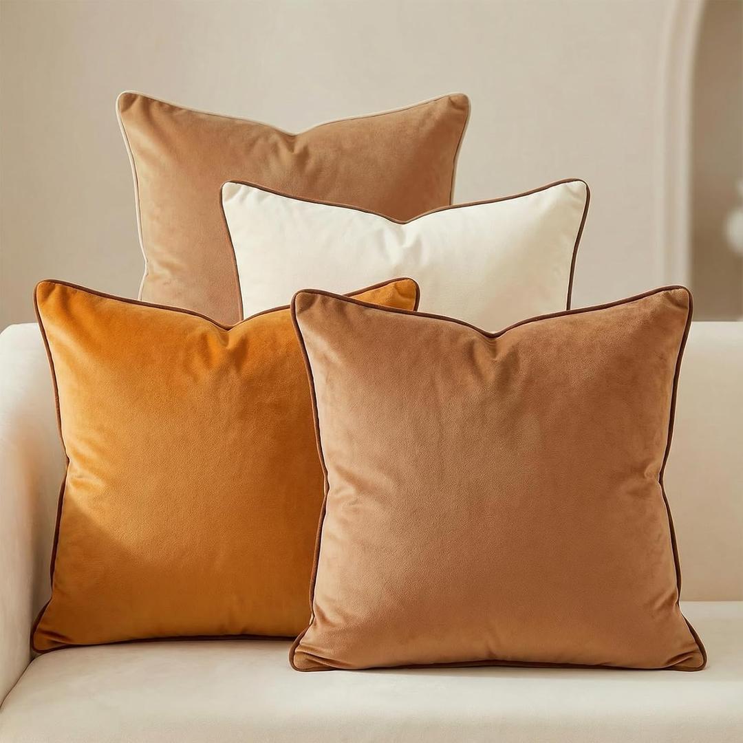 Mecatny Set of 4 Velvet Throw Pillow Covers 18x18, Soft Colorful Accent Decorative Couch Pillow Covers for Sofa Bedroom Living Room, Brown/Khaki