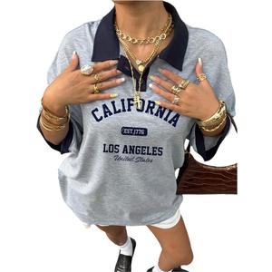 WDIRARA Women's Letter Graphic T Shirts Collar V Neck 3/4 Sleeve Oversized Tops Streetwear Medium