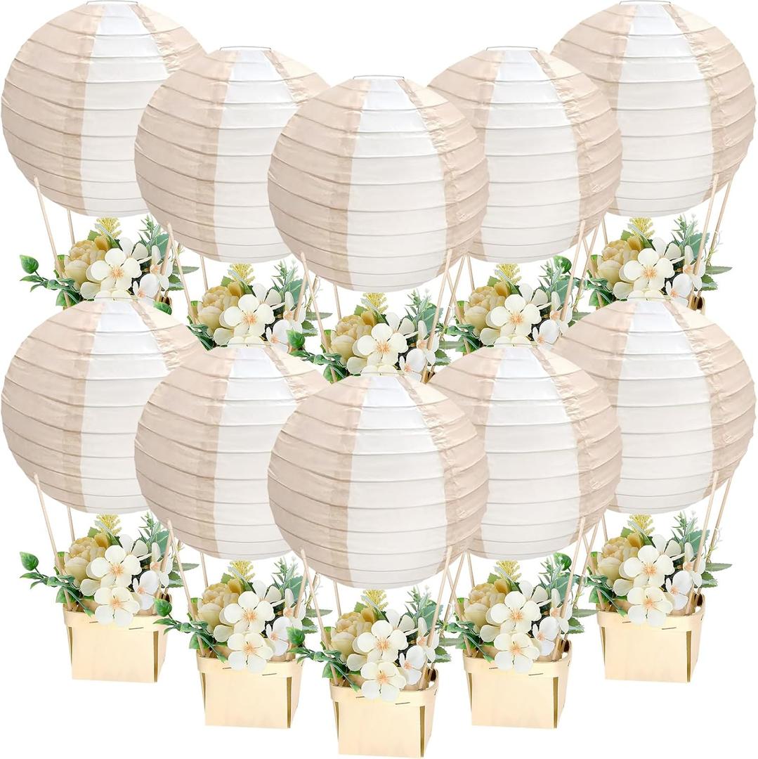 Retisee 12 Sets Baby Shower Hot Air Balloon Table Centerpieces for DIY Hot Air Balloon Party Decors Gender Reveal First Birthday Centerpiece for Wedding Birthday(Nude Striped,9.84 Inches/ 25 cm)