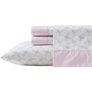 Laura Ashley - Queen Sheet Set, Crisp & Cool Cotton Percale Bedding with Deep Pockets, Lightweight for Year Round Comfort, Bed Sheets with Matching Pillowcases (Lynda Pink)