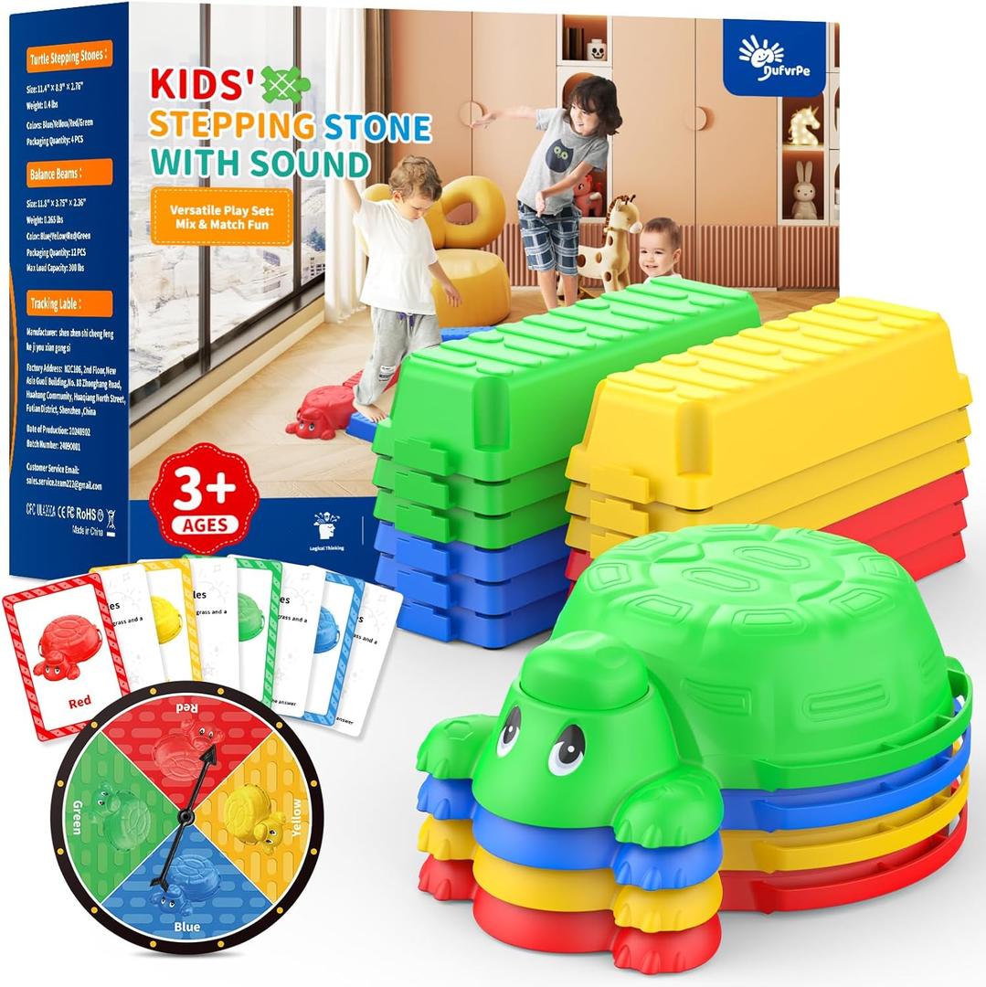 16 Pcs Balance Beam and Stepping Stones for Kids - 4 Turtle Shape Stepping Stones and 12 Connectable Beams with Sound Feature,Color Spinner, Riddle Cards, Fun Balance Training and Obstacle Course