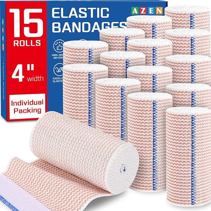 AZEN Premium 15 Pack Elastic Bandage Wrap 4 Inch, Compression Wrap Bandage for Legs, Ankle, Knee, Tummy, Body, Latex-Free, Lymphedema Wraps for Legs