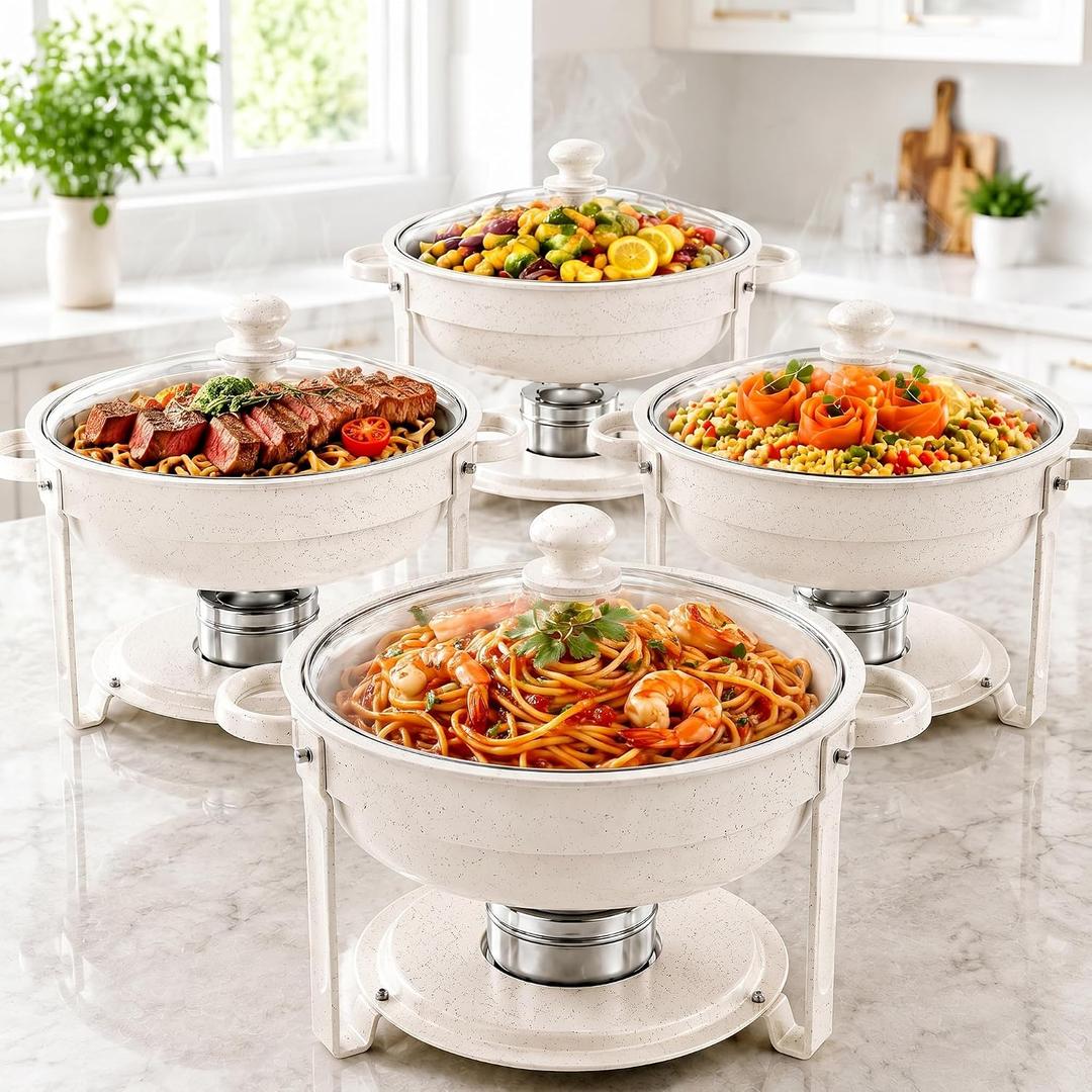 CAMIKU 6QT White Chafing Dishes for Buffet, 4-Pack Round Chafers Sets